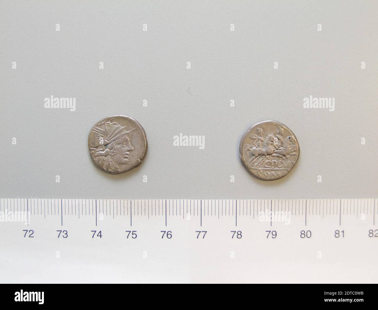 Mint: Rome, Magistrate: C. PLVTI, Denarius from Rome, 121 B.C., Silver, 3.85 g, 10:00, 16.8 mm, Made in Rome, Italy, Roman, 2nd century B.C., Numismatics Stock Photo