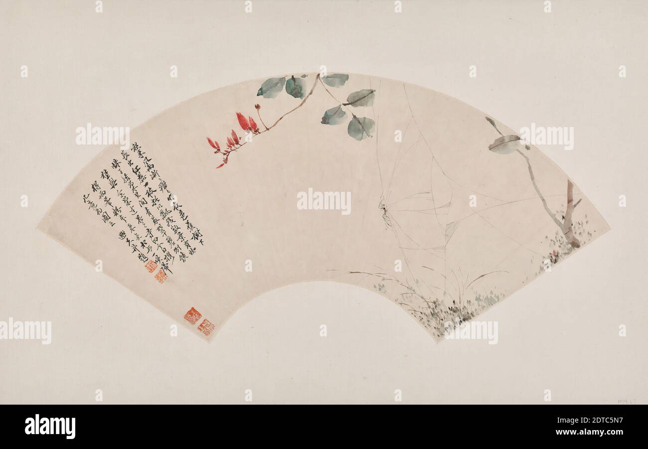 Artist: Luo Ping, Chinese, 1733–1799, Spider Spinning Its Web, Fan mounted as an album leaf: ink and color on paper, without mounting: 7 3/8 × 21 1/4 in. (18.7 × 54 cm), China, Chinese, Qing dynasty (1644–1911), Qianlong period (1736–95), Paintings Stock Photo