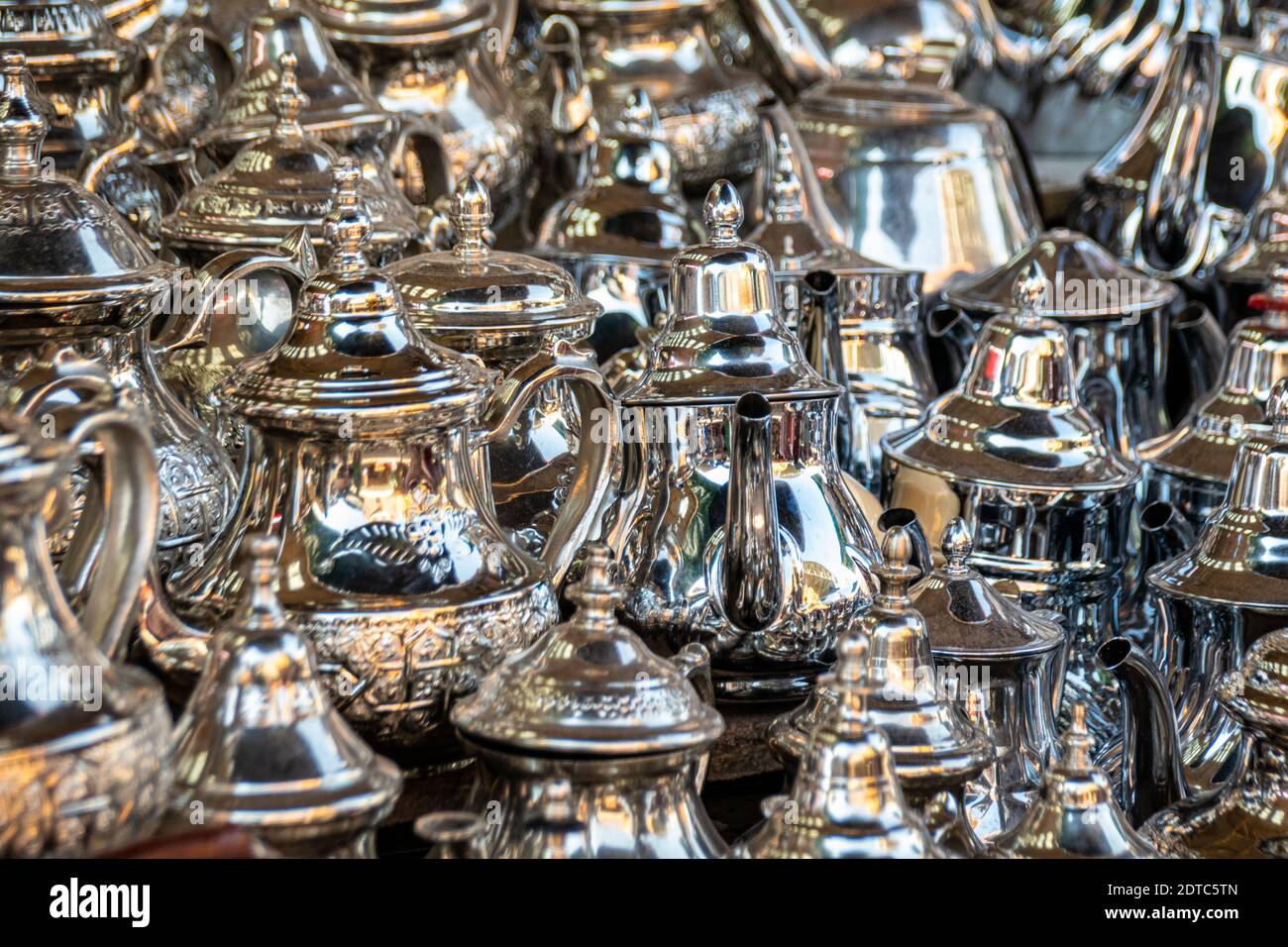 Silver Teapots For Sale In Souk Morocco Stock Photo Alamy