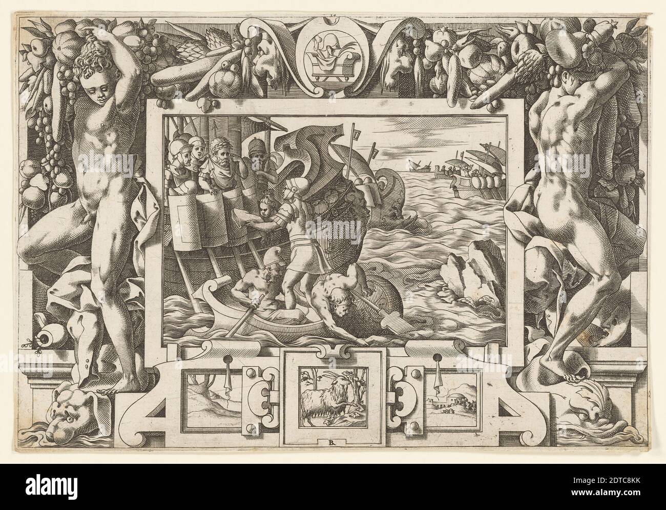 Engraver: René Boyvin, French, ca. 1525–1598, After: Leonard Thiry, Flemish, active 1536 France, died 1550, Aeetes Accepts the Dismembered Corpse of Absyrte, plate 16 from The Story of Jason and The Conquest of The Golden Fleece, Engraving, platemark: 15.9 × 23.1 cm (6 1/4 × 9 1/8 in.), This print is from a series of twenty-six engravings that depict some of the climactic moments in the story of Jason and the Golden Fleece. The compositions and framing elements of this series demonstrate the influence of the decoration of the Gallery of Francis I—particularly the stucco work—on later artists Stock Photo