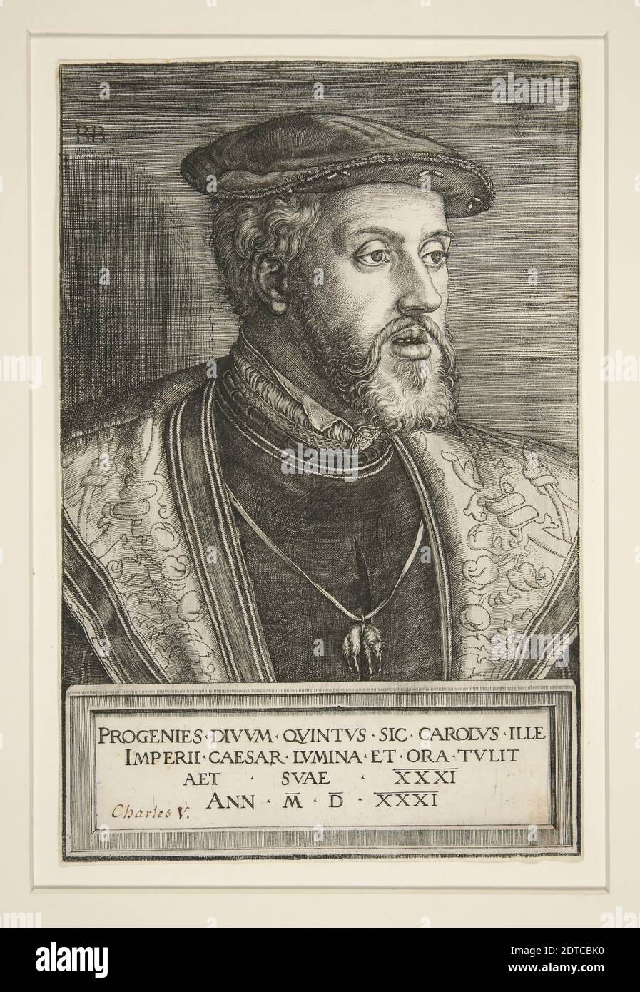 Artist: Barthel Beham, German, 1502–1540, Charles V (1500-1558), Engraving, sheet: 20.8 × 13.5 cm (8 3/16 × 5 5/16 in.), Made in Germany, German, 16th century, Works on Paper - Prints Stock Photo