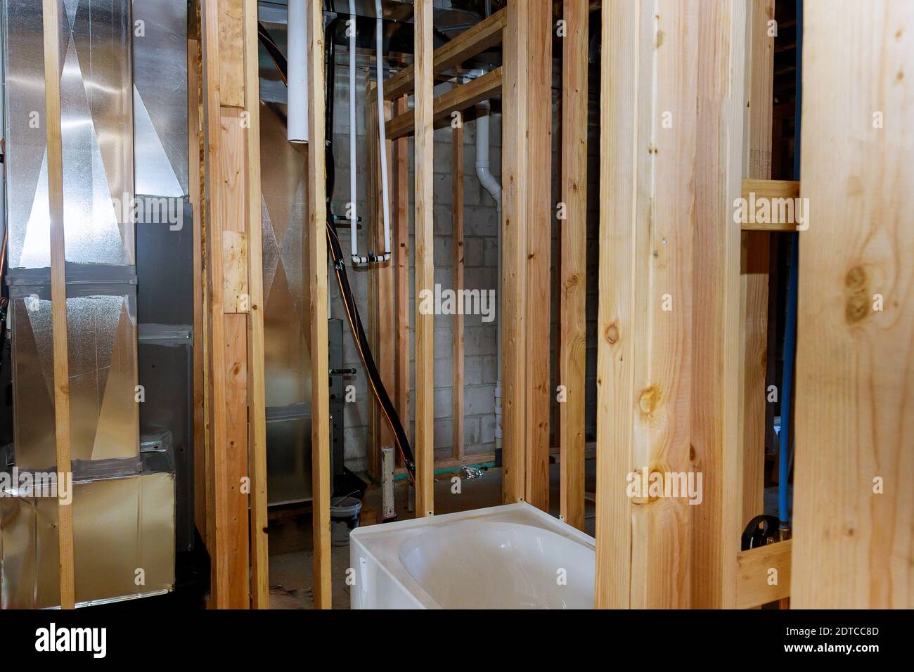 Construction work, water pipe pumping systems for bathroom PVC pipe connections Stock Photo