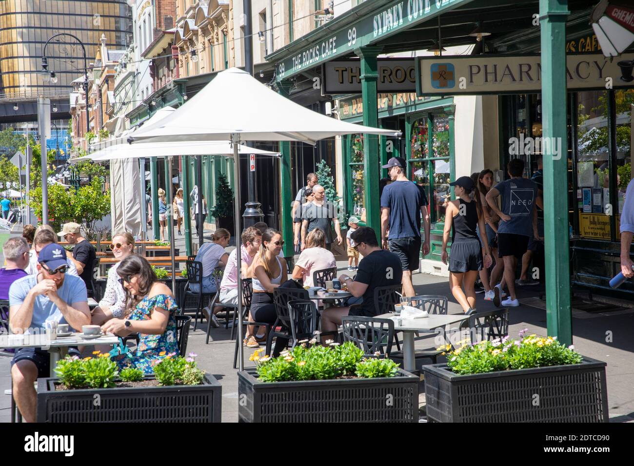 Historic the Rocks area of Sydney with patrons at a Sydney cafe in george street Sydney city centre on a summers day,Sydney,Australia Stock Photo