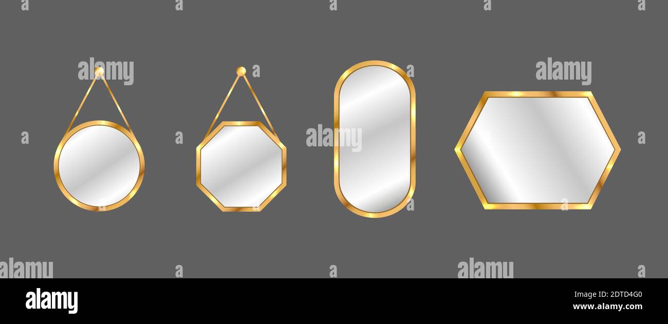 Hanging mirrors set. Circle and square mirrors with golden frame Stock