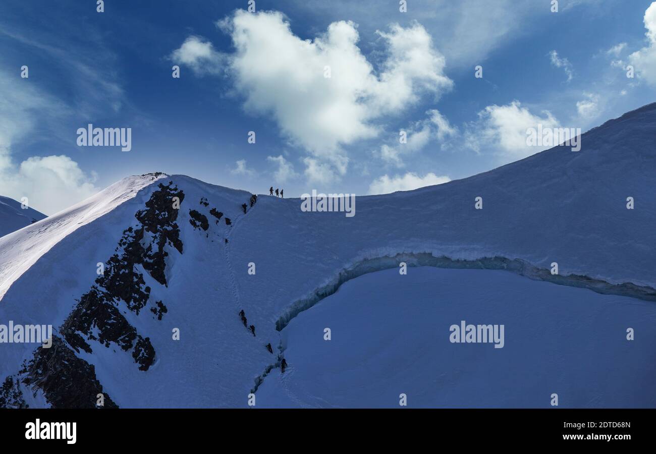 Switzerland, Monte Rosa, Climbers on mountain ridge at Monte Rosa ...