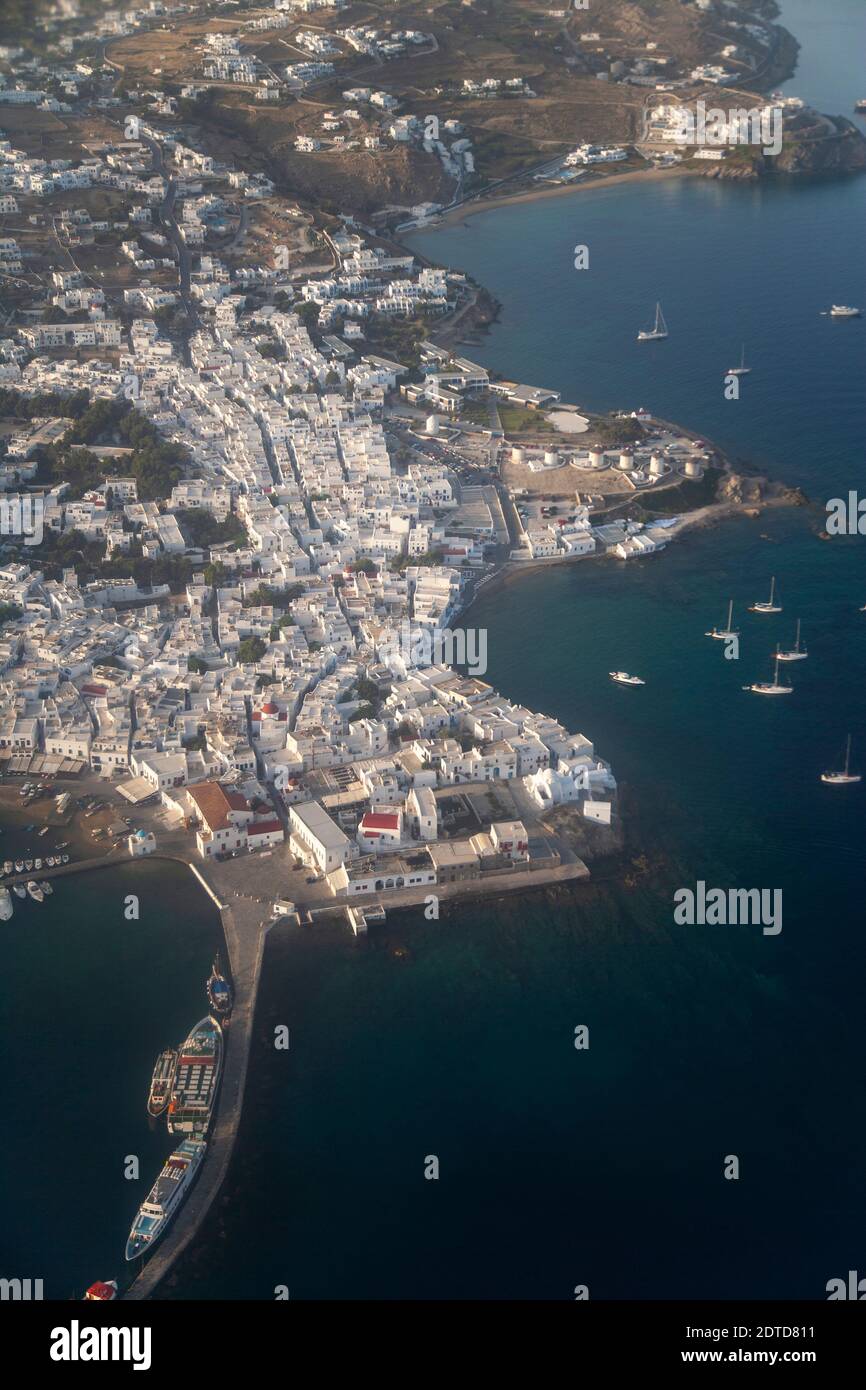 Greece, Cyclades, Mykonos, Aerial view of coastal town Stock Photo