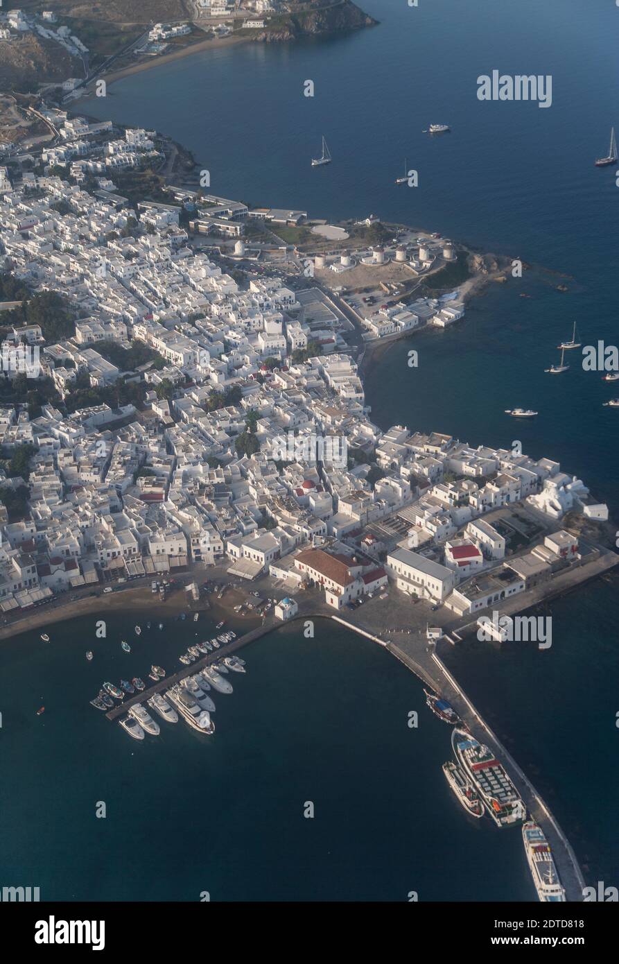 Greece, Cyclades Islands, Mykonos, Aerial view of coastal town Stock Photo