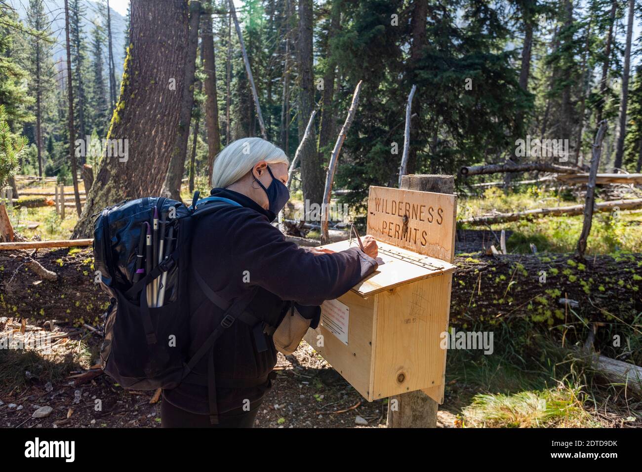 USA, Idaho, Stanley, Senior woman in protective mask signing wilderness permit before hiking Stock Photo
