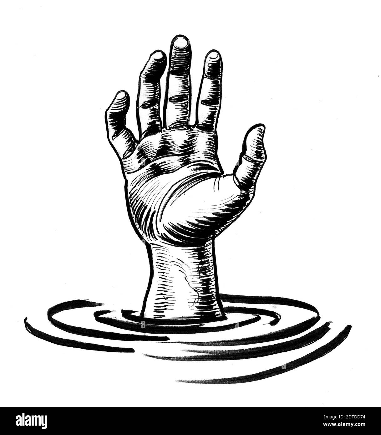 Hand of a drowning man. Ink black and white drawing Stock Photo