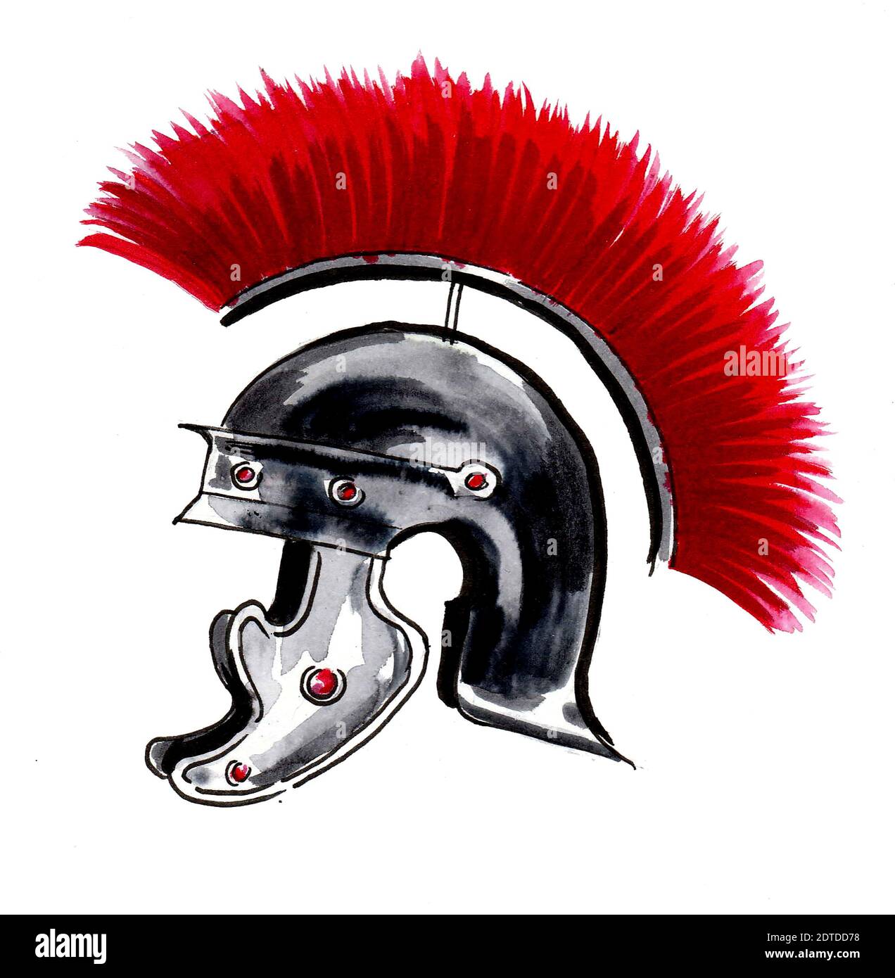 Ancient Roman helmet. Ink and watercolor drawing Stock Photo