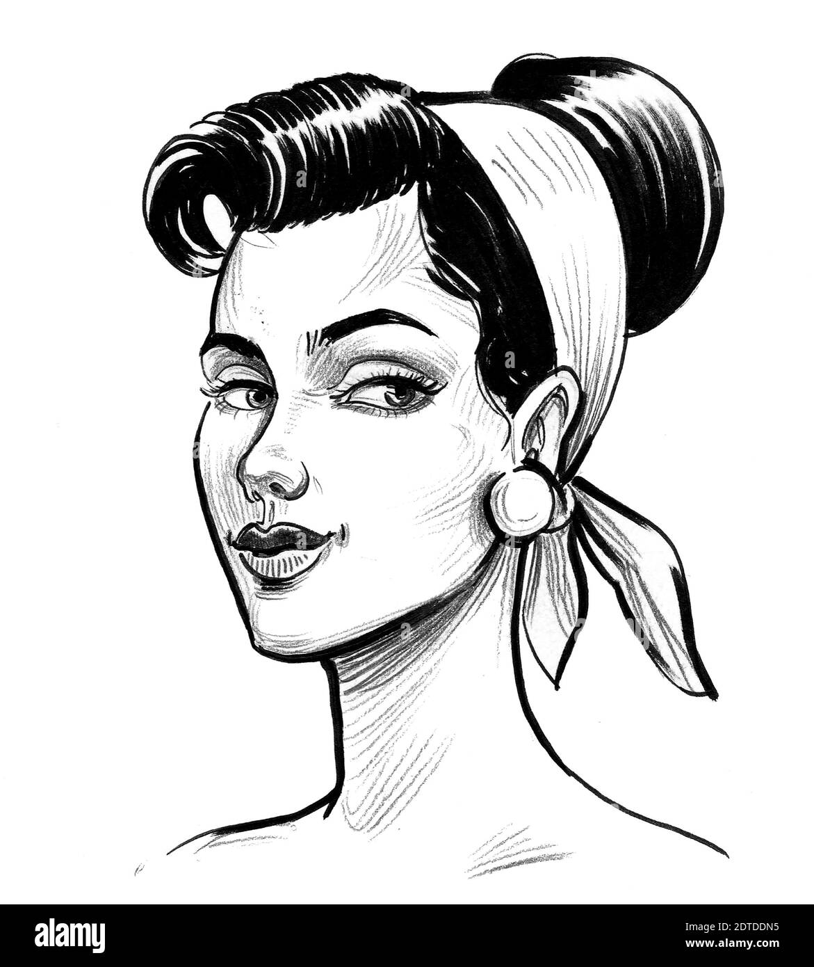 https://c8.alamy.com/comp/2DTDDN5/pretty-pinup-styled-woman-ink-black-and-white-drawing-2DTDDN5.jpg