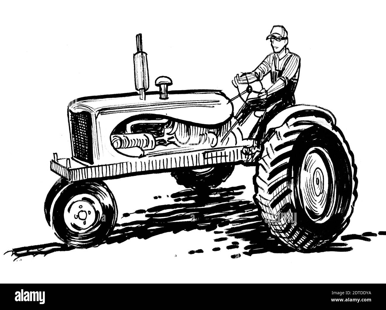 Farmer on retro tractor. Ink black and white drawing Stock Photo