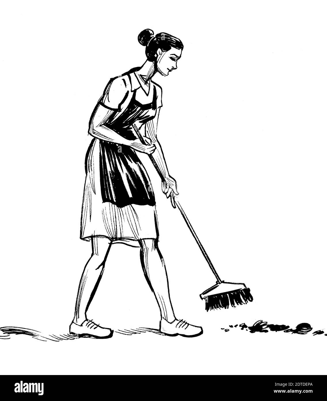 Pretty woman sweeping with a broom. Ink black and white drawing Stock