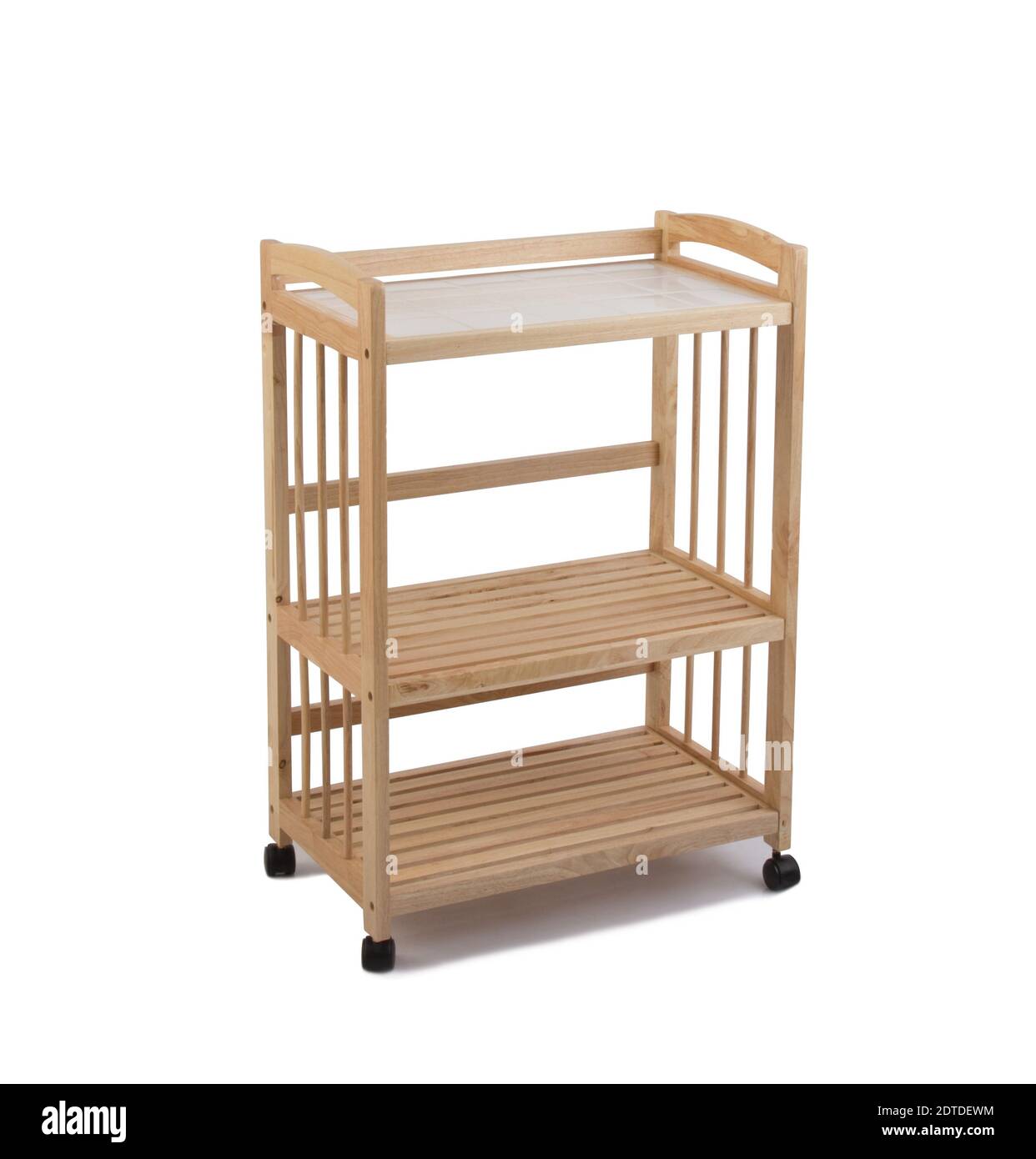 Wooden racks with wheels on wooden floor and white background Stock