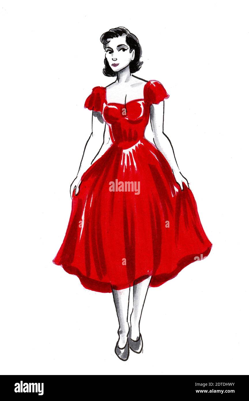 Pretty woman in classic red dress. Ink and watercolor drawing Stock Photo -  Alamy