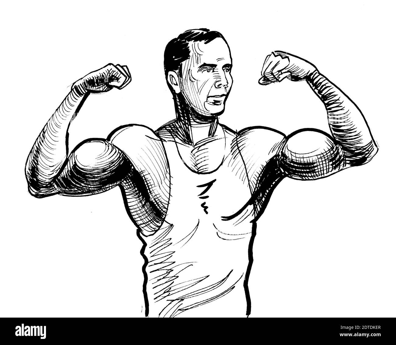 Athletic man flexing biceps. Ink black and white drawing Stock Photo