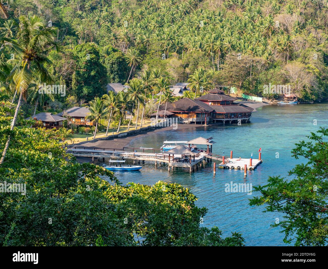Kungkungan Bay Resort at the Lembeh Strait between Bitung on North Sulawesi and Lembeh Island in Indonesia. The Lembeh Strait is known for its colourf Stock Photo