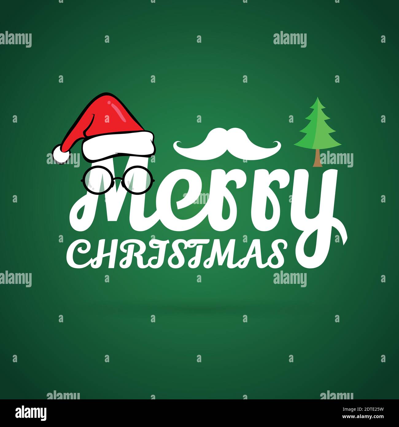 Vintage christmas card, Santa hat and mustache, Merry christmas lettering on green background Stock Vector