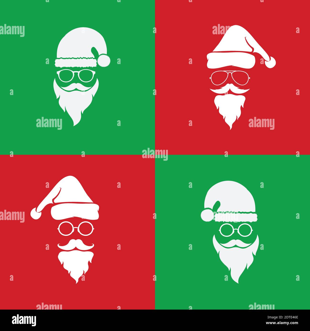 Vector image of santa hats and beards and eyeglasses on red background and green background Stock Vector
