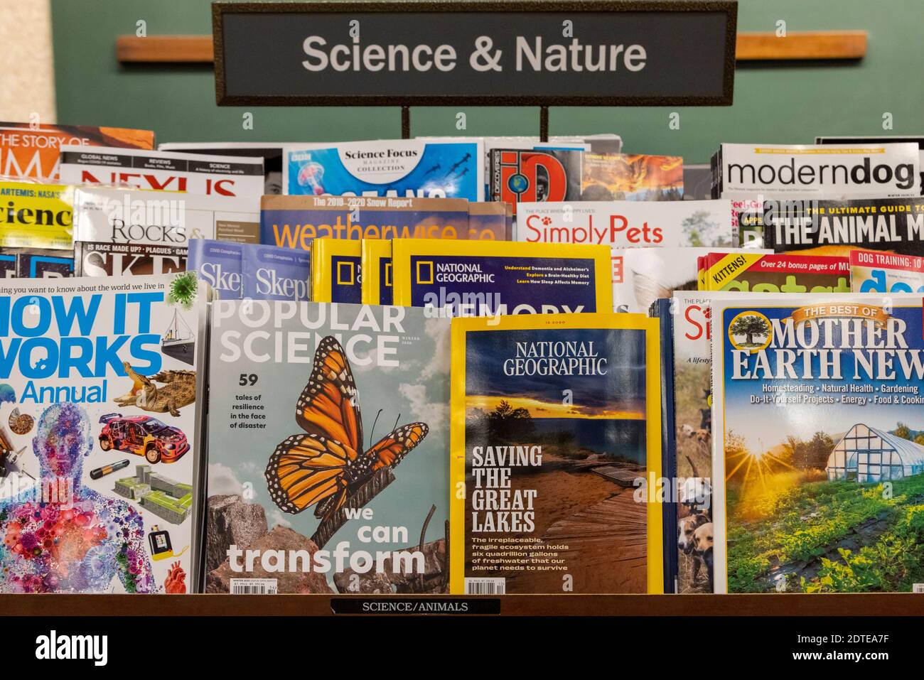 science and nature and pet magazines on shelves, Barnes and Noble, USA