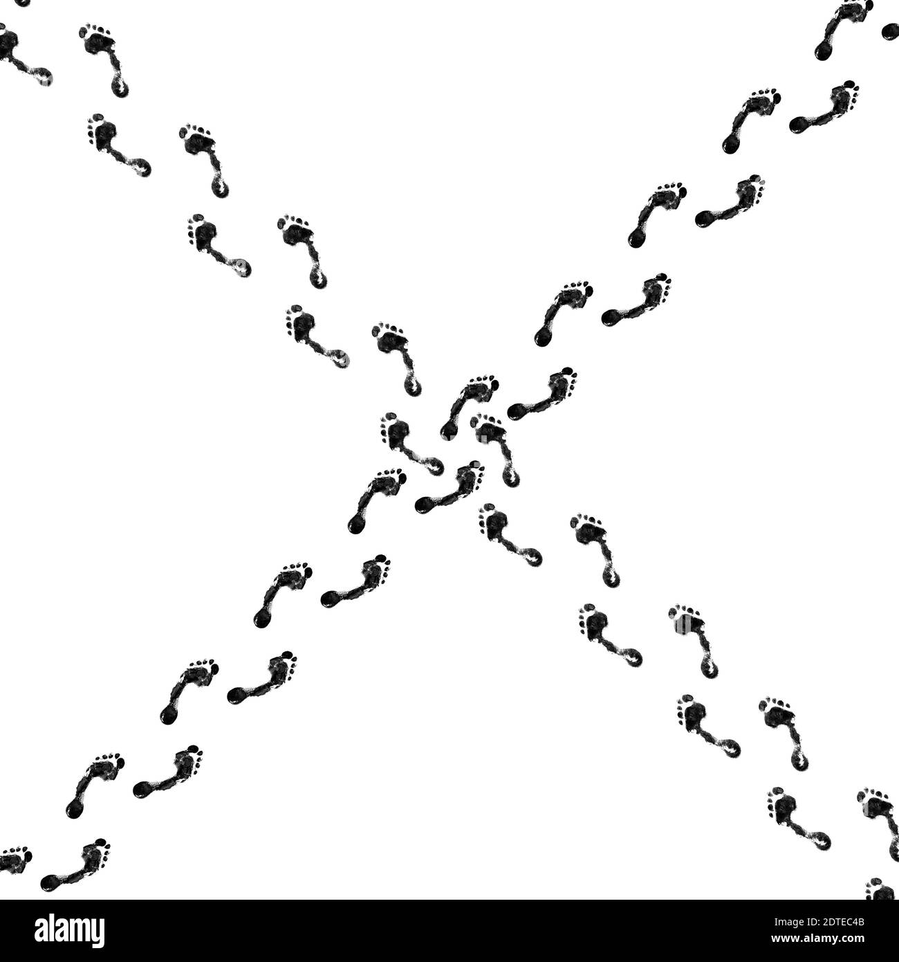 Cross ways of black human footprints white background isolated, dirty ...