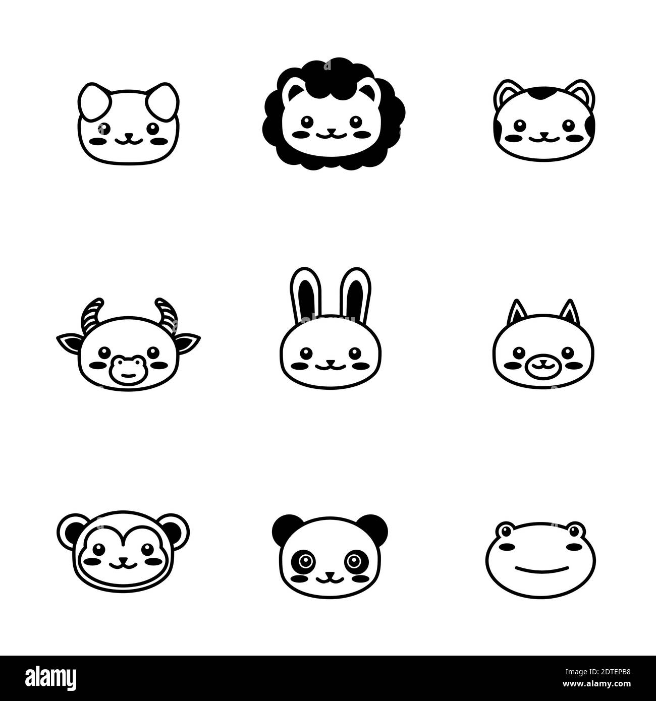 editable line, stroke. face head icon set. Kawaii animal. Cute ...