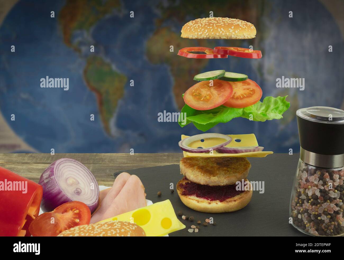 Flying sandwich and ingredients. Food levitation, burger in the air ...