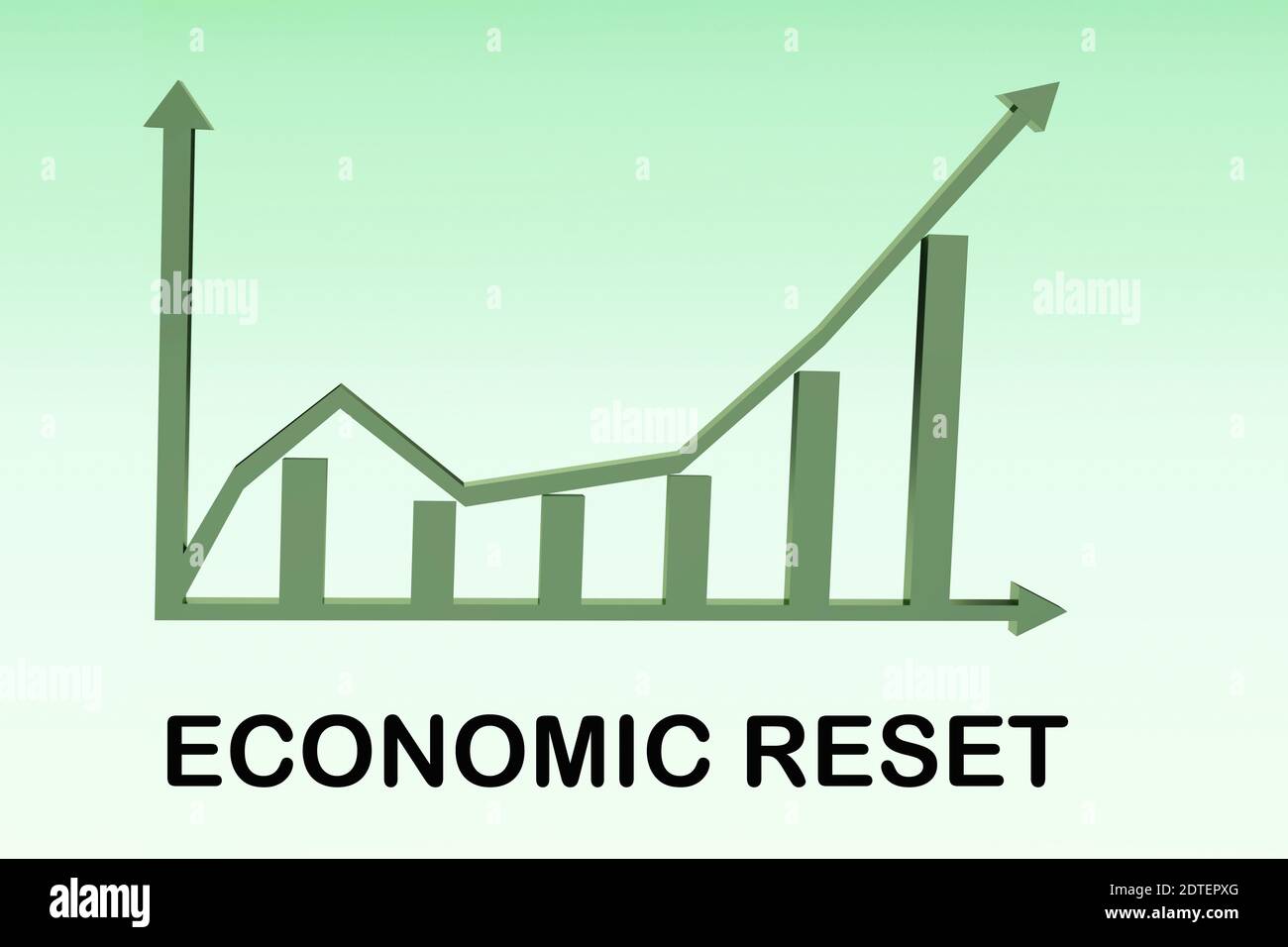 3D illustration of ECONOMIC RESET title above a column bar graph, isolated over green gradient as background. Stock Photo
