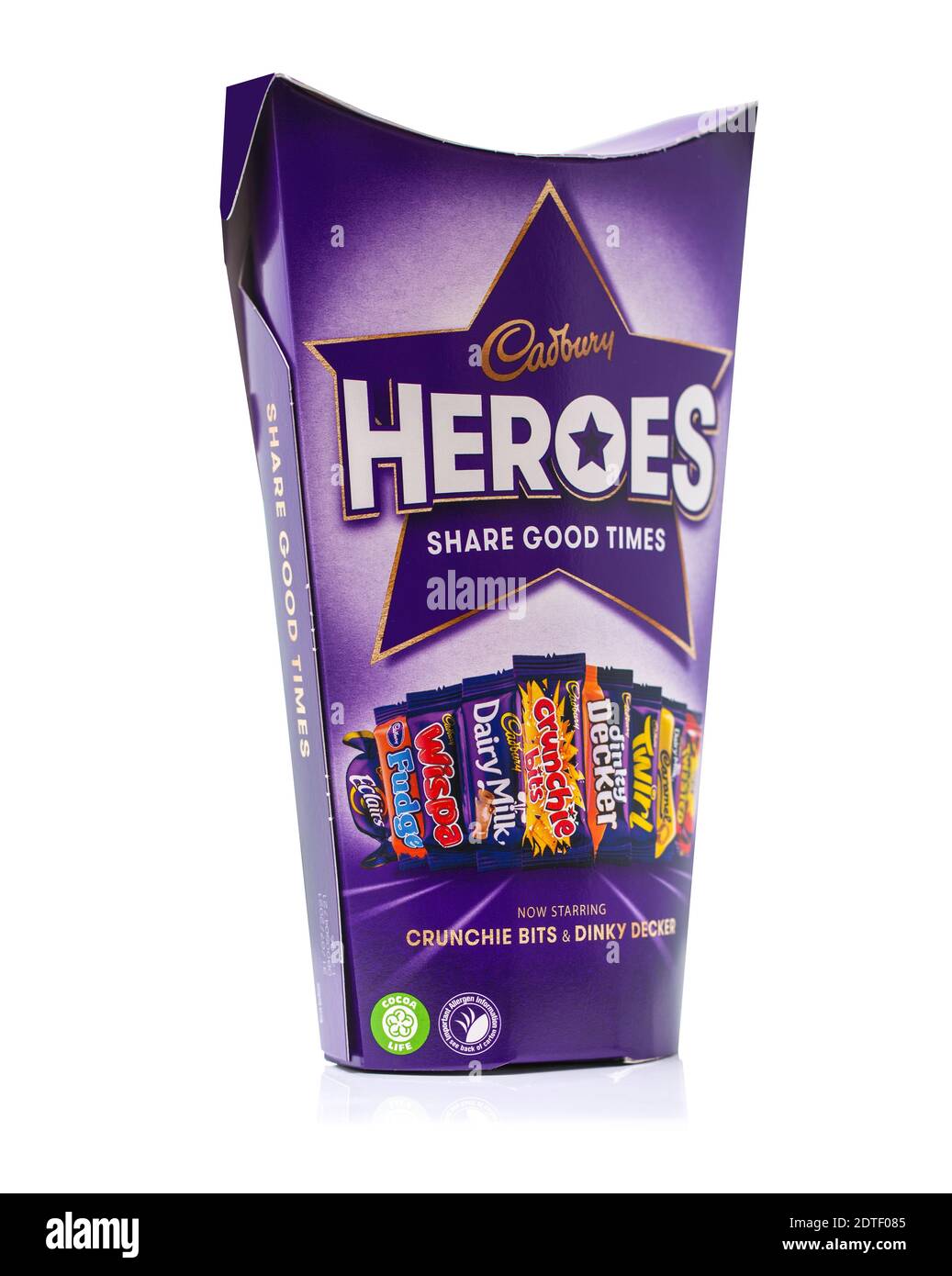 SWINDON, UK - DECEMBER 21, 2020: Box of Cadburys Heroes Christmas chocolates on a white background. Stock Photo