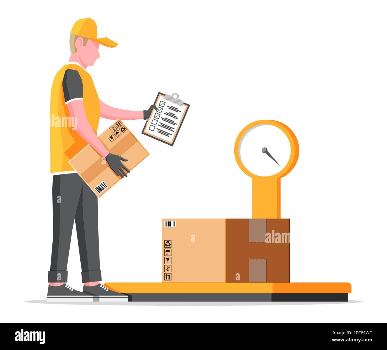 Warehouse worker is weighing the cargo. Industrial goods weight scales