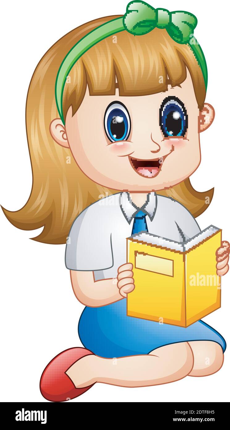 Vector illustration of Cute girl in a school uniform reading a book Stock Vector