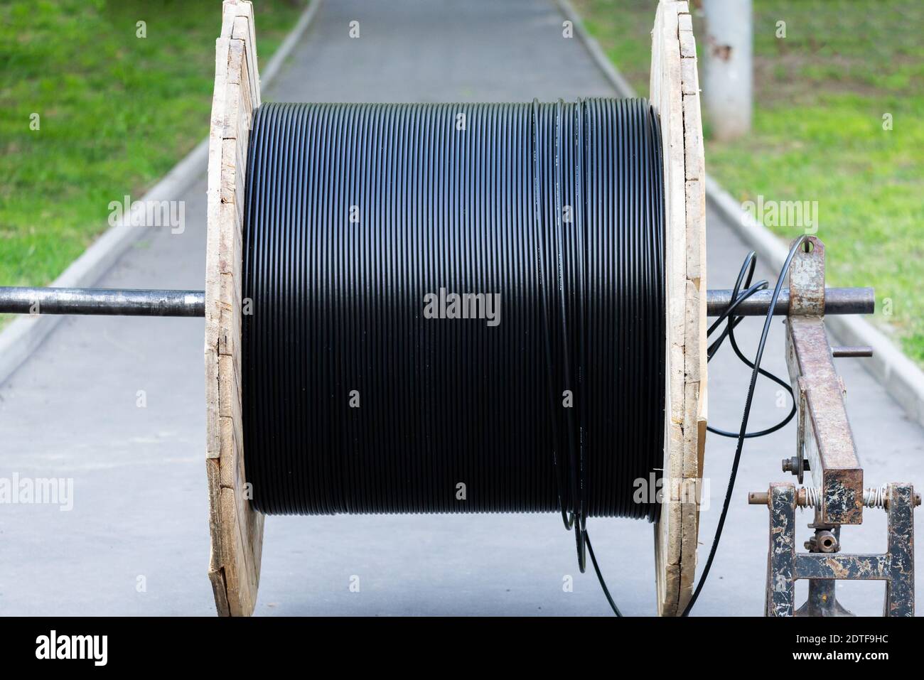 Cable drum, fiberoptic cable or wire and technology Stock Photo Alamy