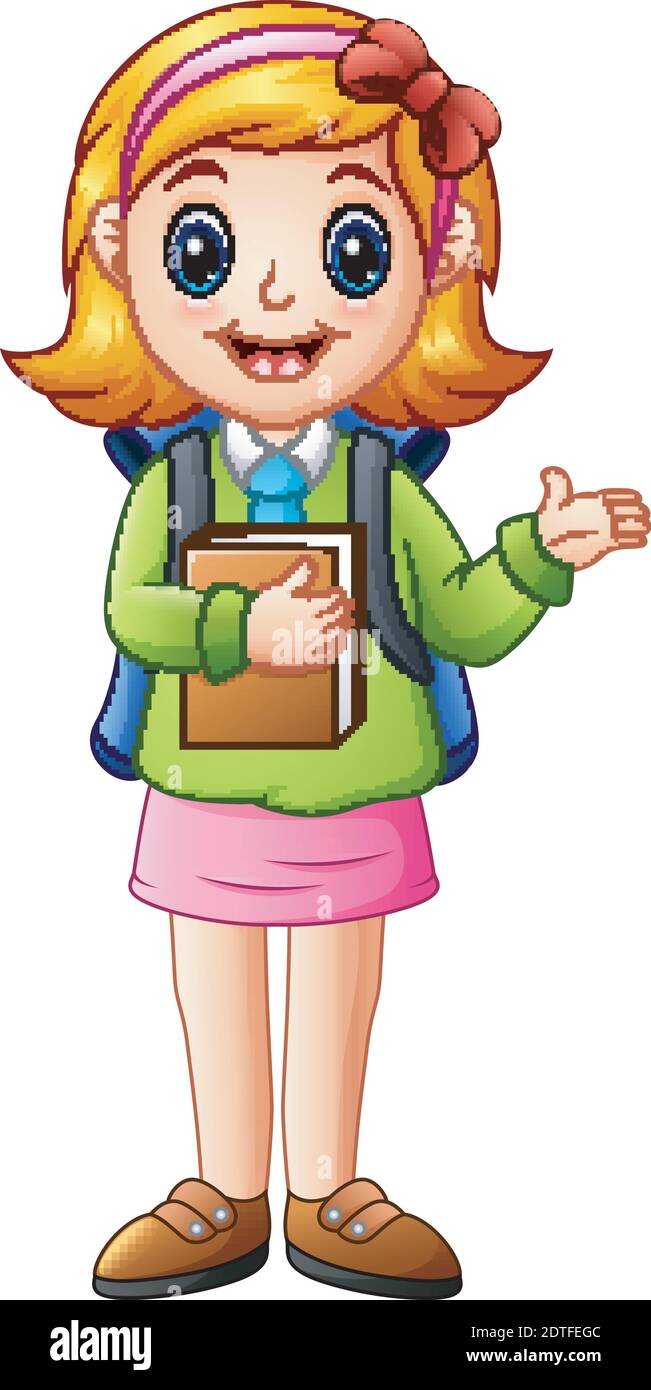 Vector illustration of Cute school girl holding a book Stock Vector ...
