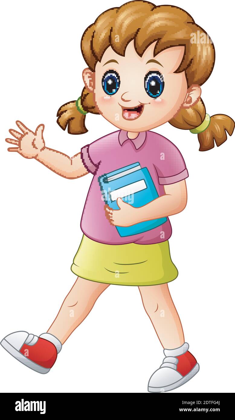 Vector illustration of Cute school girl holding a book Stock Vector ...