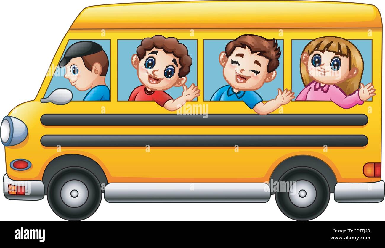 Vector illustration of Cartoon kids going to school by school bus Stock  Vector Image & Art - Alamy