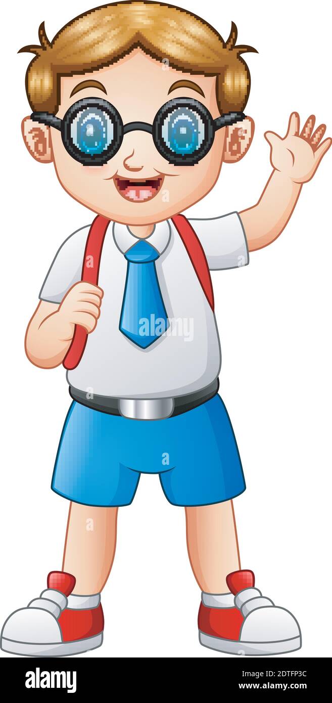 Vector illustration of Cute boy in a school uniform waving hand Stock ...