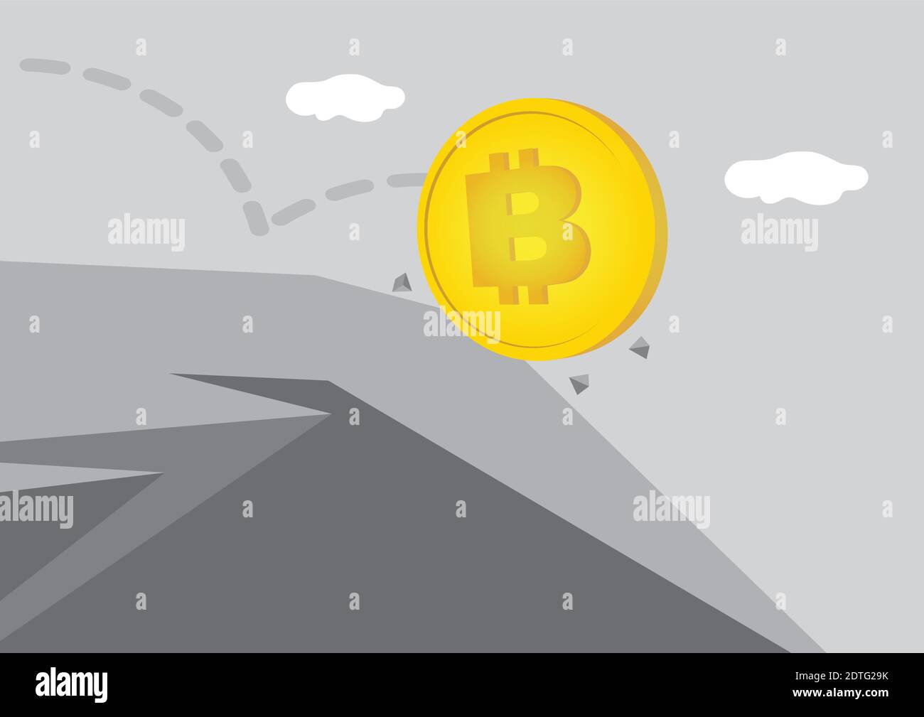 Vector illustration of a falling downhill bitcoin. Concept of the ...