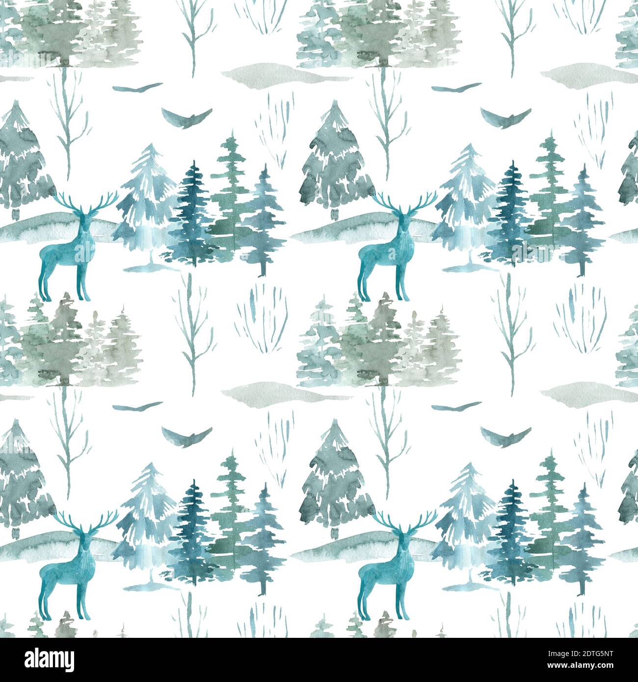 Scandinavian winter mysterious forest seamless pattern on white background. Watercolor illustration of woodland animals, pine trees, hills, birds Stock Photo