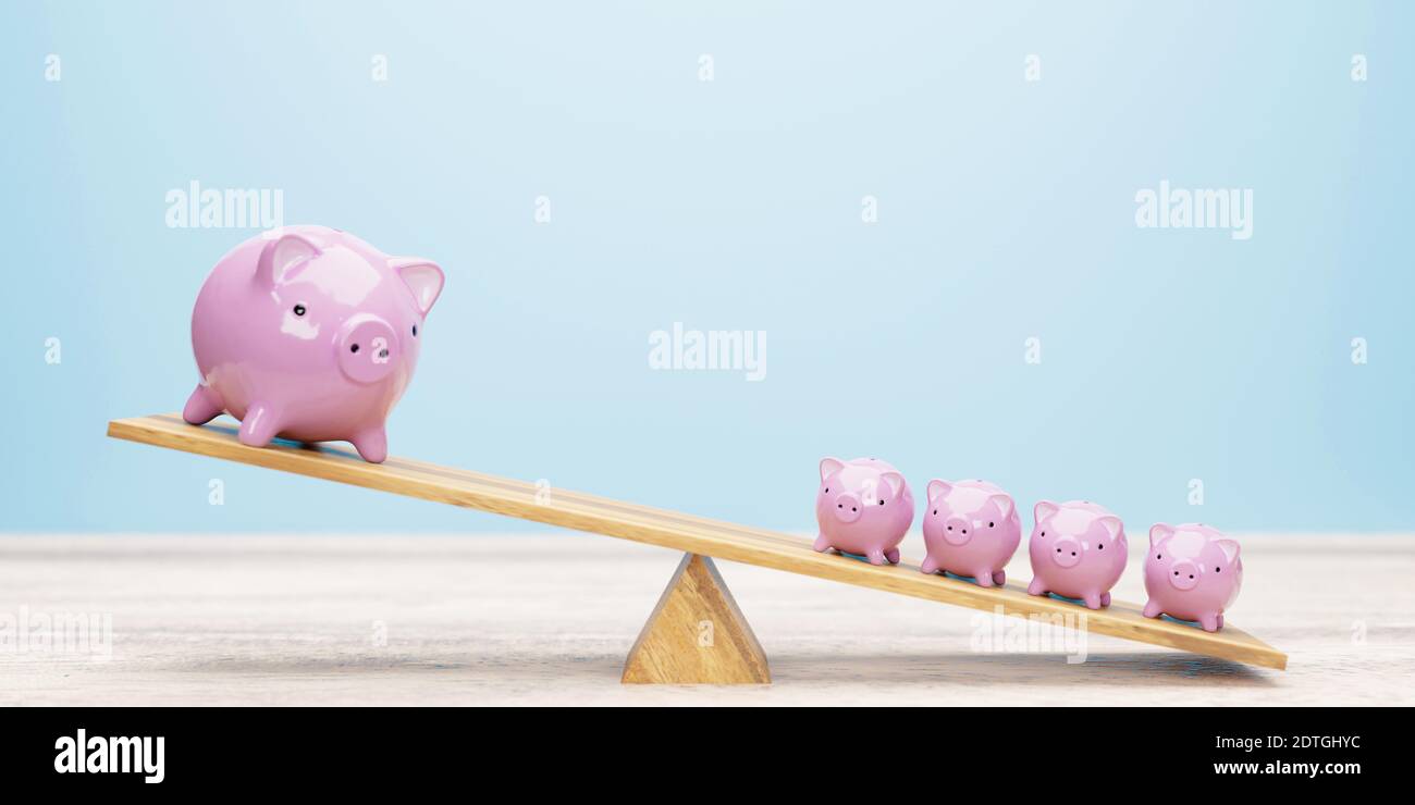 Pink piggy banks balancing on seesaw 3d illustration Stock Photo - Alamy