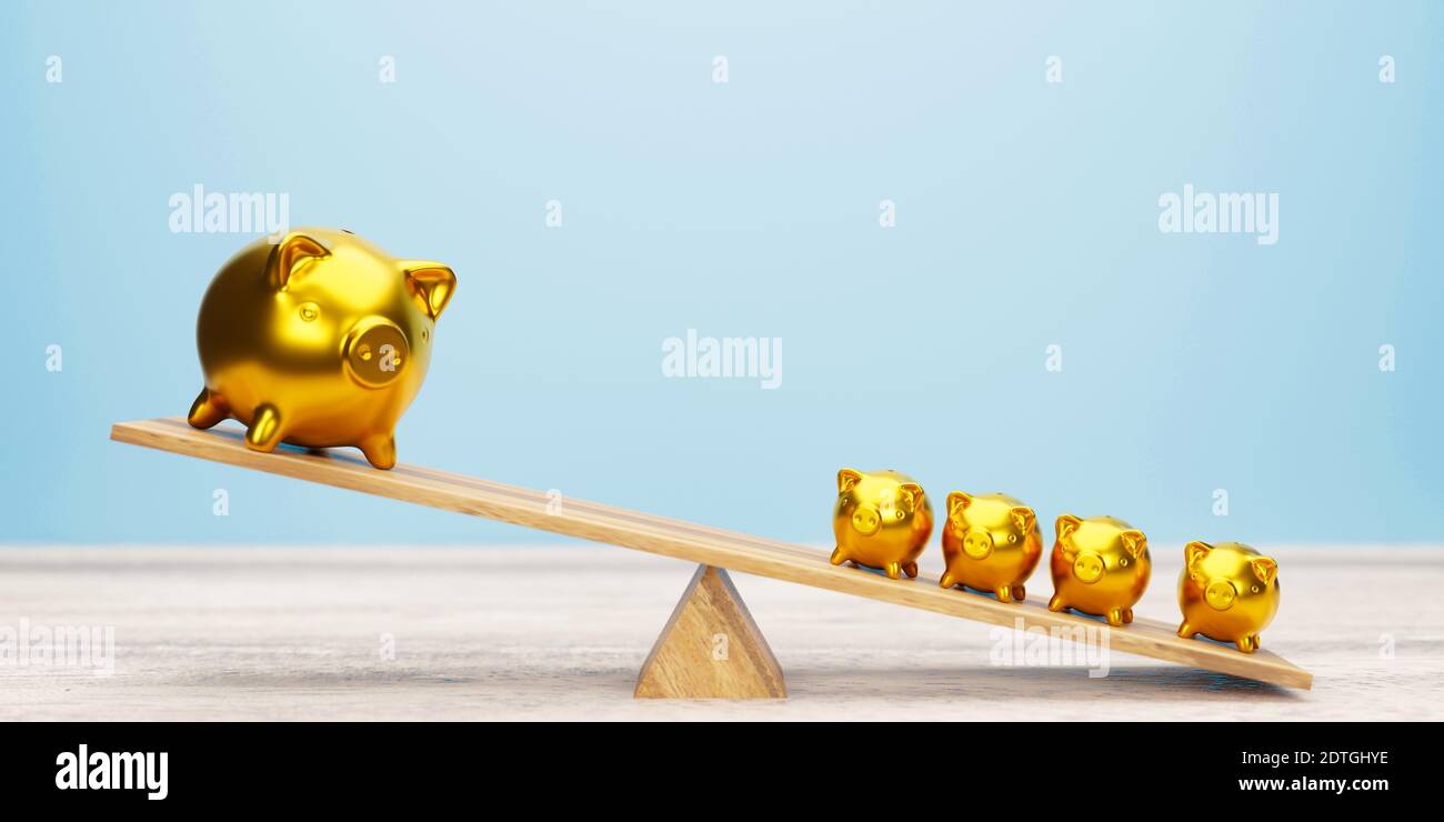 Pink piggy banks balancing on seesaw 3d illustration Stock Photo - Alamy