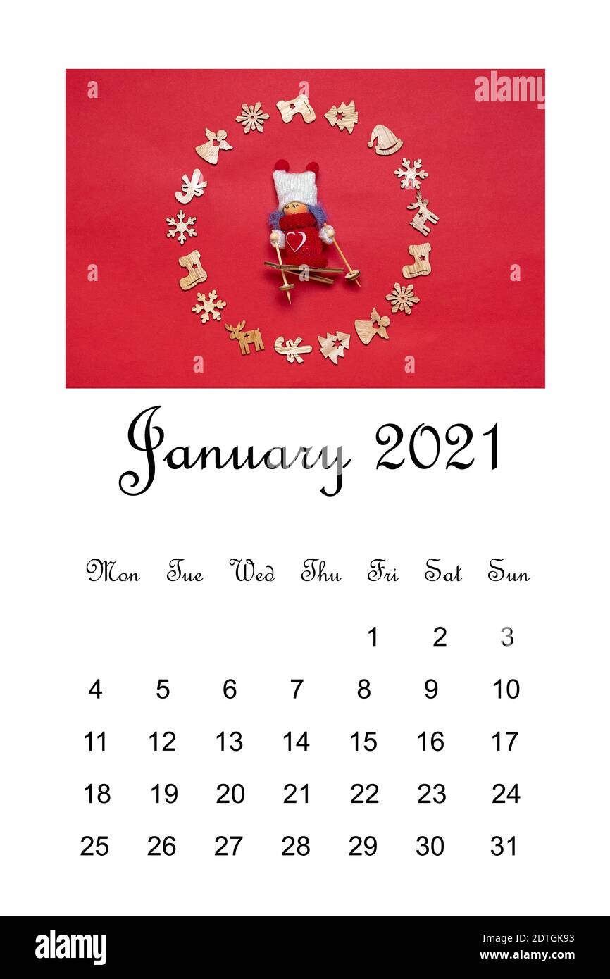 open Calendar January 2021, Christmas composition on white background Education, goals, resolutions, plan, new year new me concept Holiday card Stock Photo