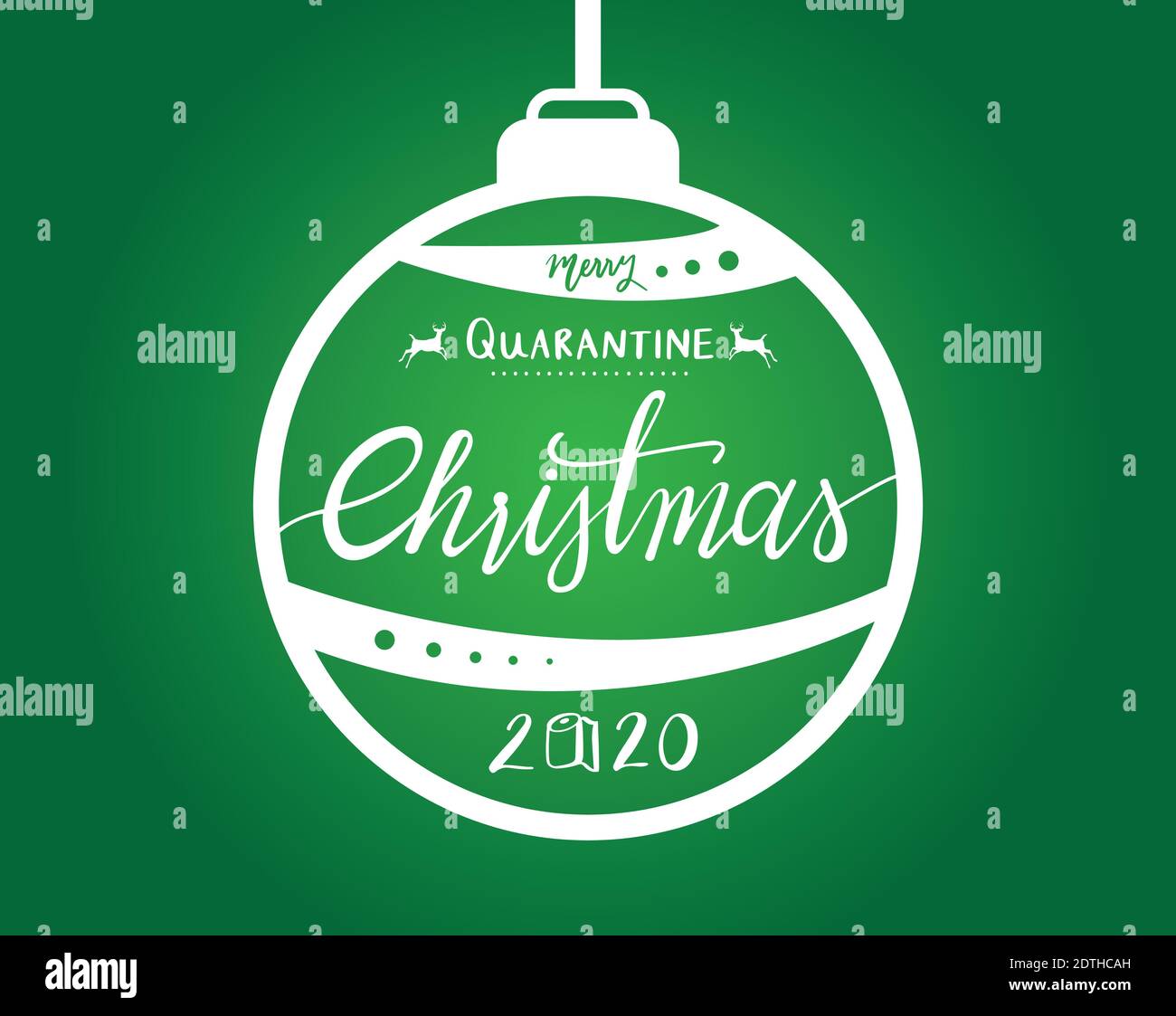 Merry quarantine Christmas 2020 text in bauble ball on green gradient background Stock Vector