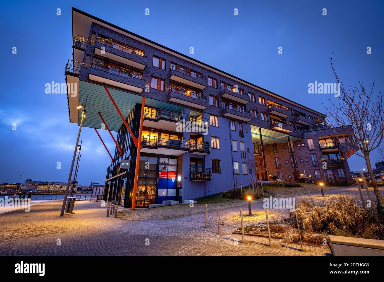 Oslo, Norway Modern residential apartment building at night Stock