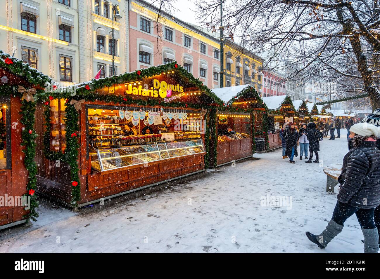 Oslo, Norway Traditional Christmas market with falling snow Stock