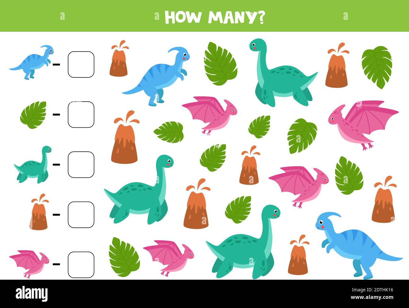 Counting game with cute cartoon dinosaurs and volcanos. Math worksheet