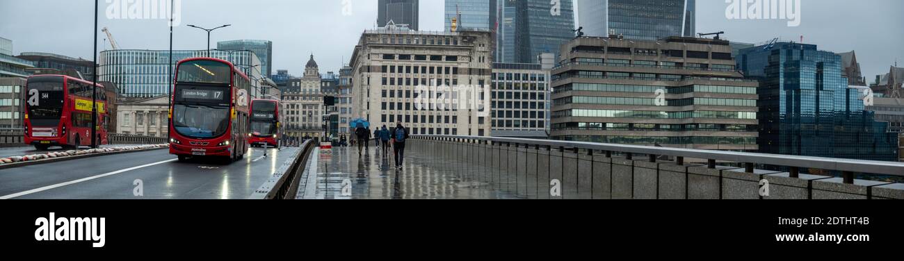 London- December 21, 2020: Panoramic view of London Bridge and the City of London- quiet streets at the start of the Tier 4 lockdown Stock Photo