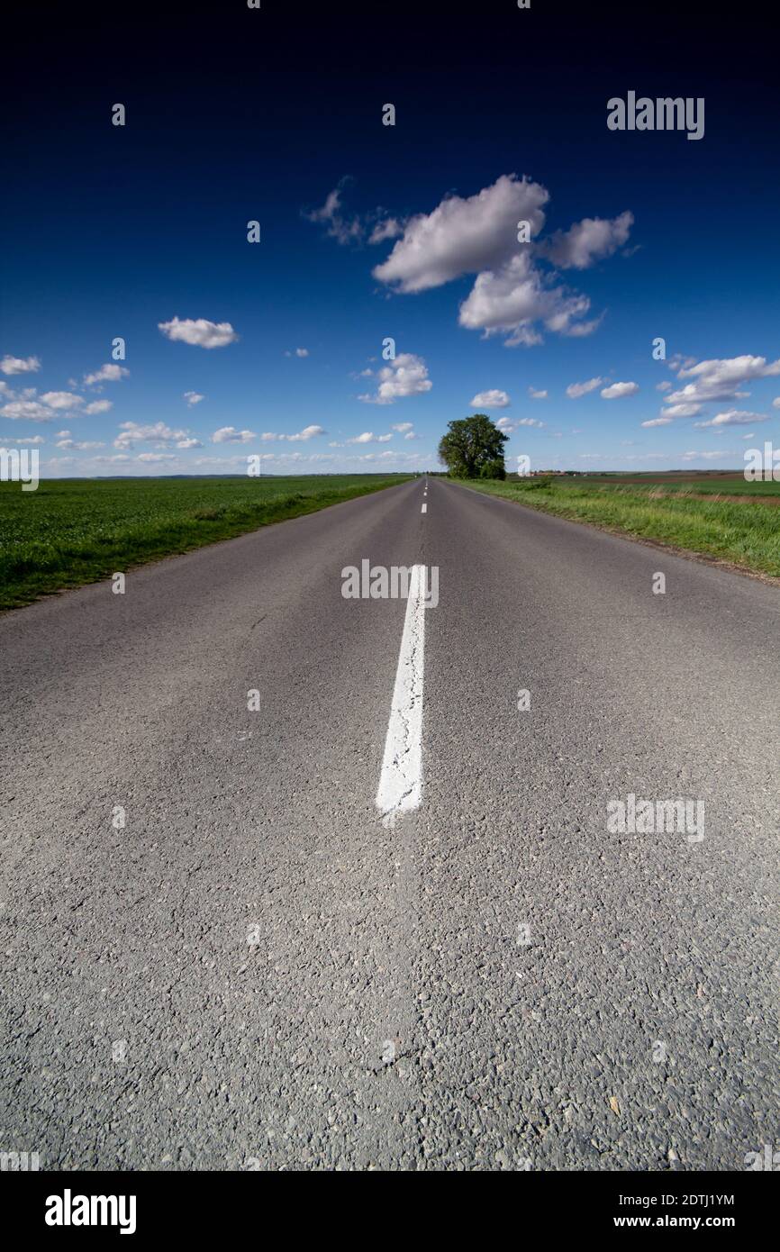 asphalt road through the green field Stock Photo - Alamy