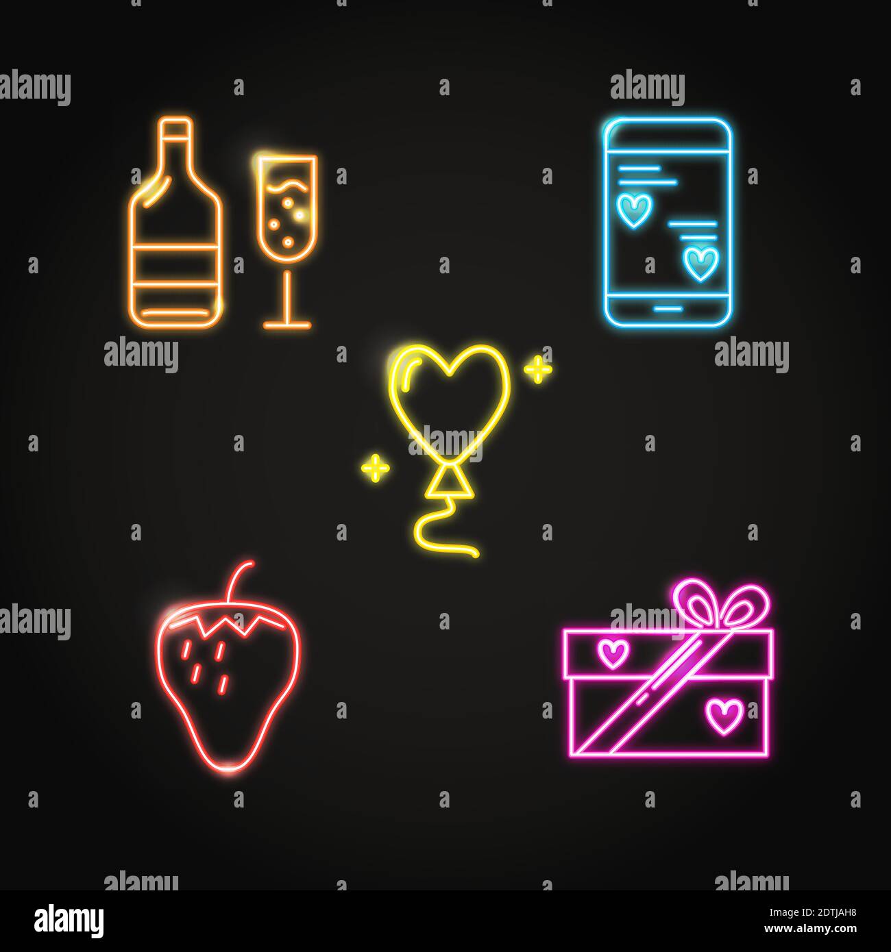 Neon Valentine day icon set in line style. Love symbols collection ...