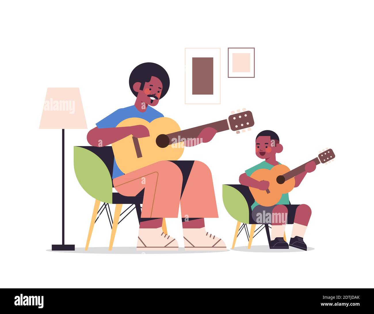 african american father teaching little son to play the guitar parenting fatherhood concept dad spending time with his kid full length horizontal vector illustration Stock Vector
