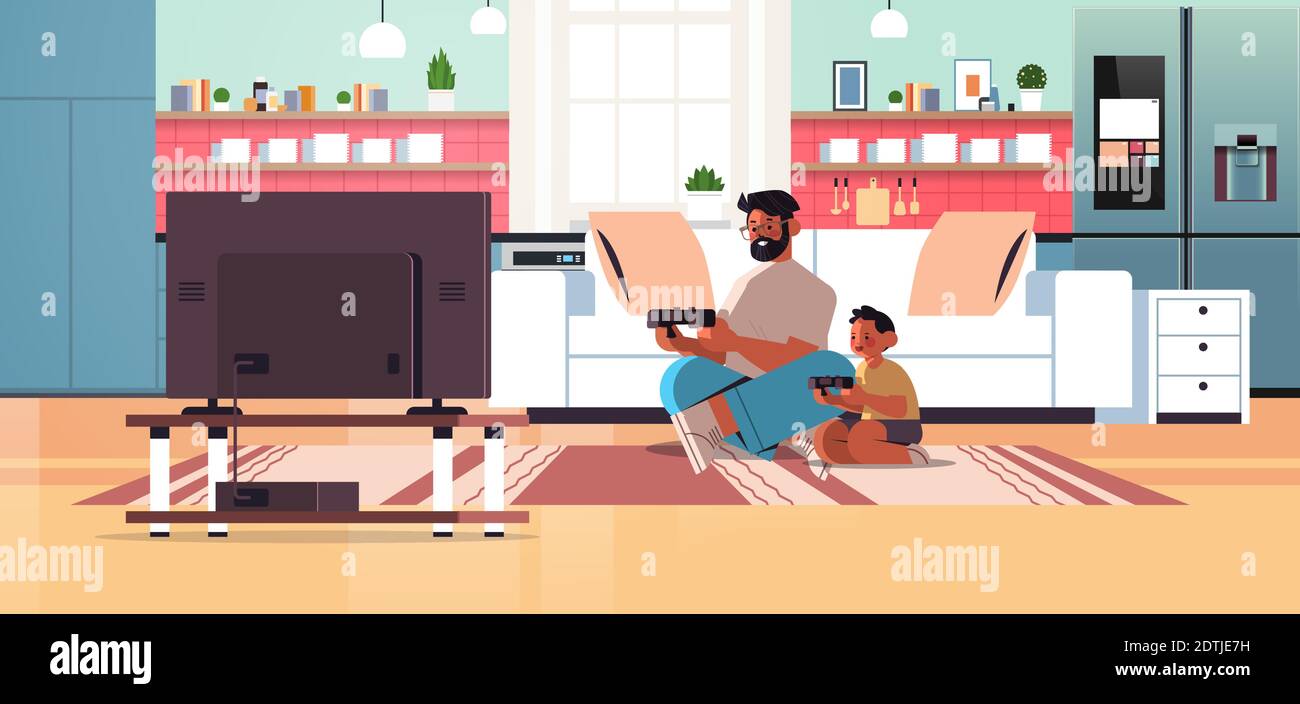 Young Father Playing Video Games On Game Console With Little Son At Home Parenting Fatherhood Concept Dad Spending Time With His Kid Full Length Horizontal Vector Illustration Stock Vector Image Art
